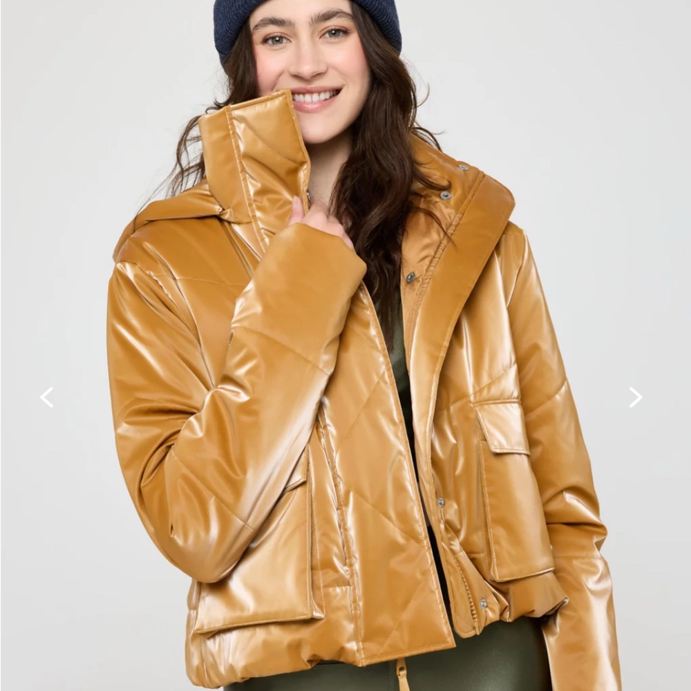 Gold Puffer Jacket with High Collar and Shiny Finish